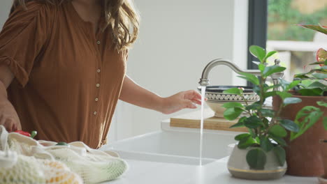 Asian-Couple-Washing-Fresh-And-Healthy--Food-In-Zero-Waste-Packaging-From-Bag-In-Kitchen-At-Home