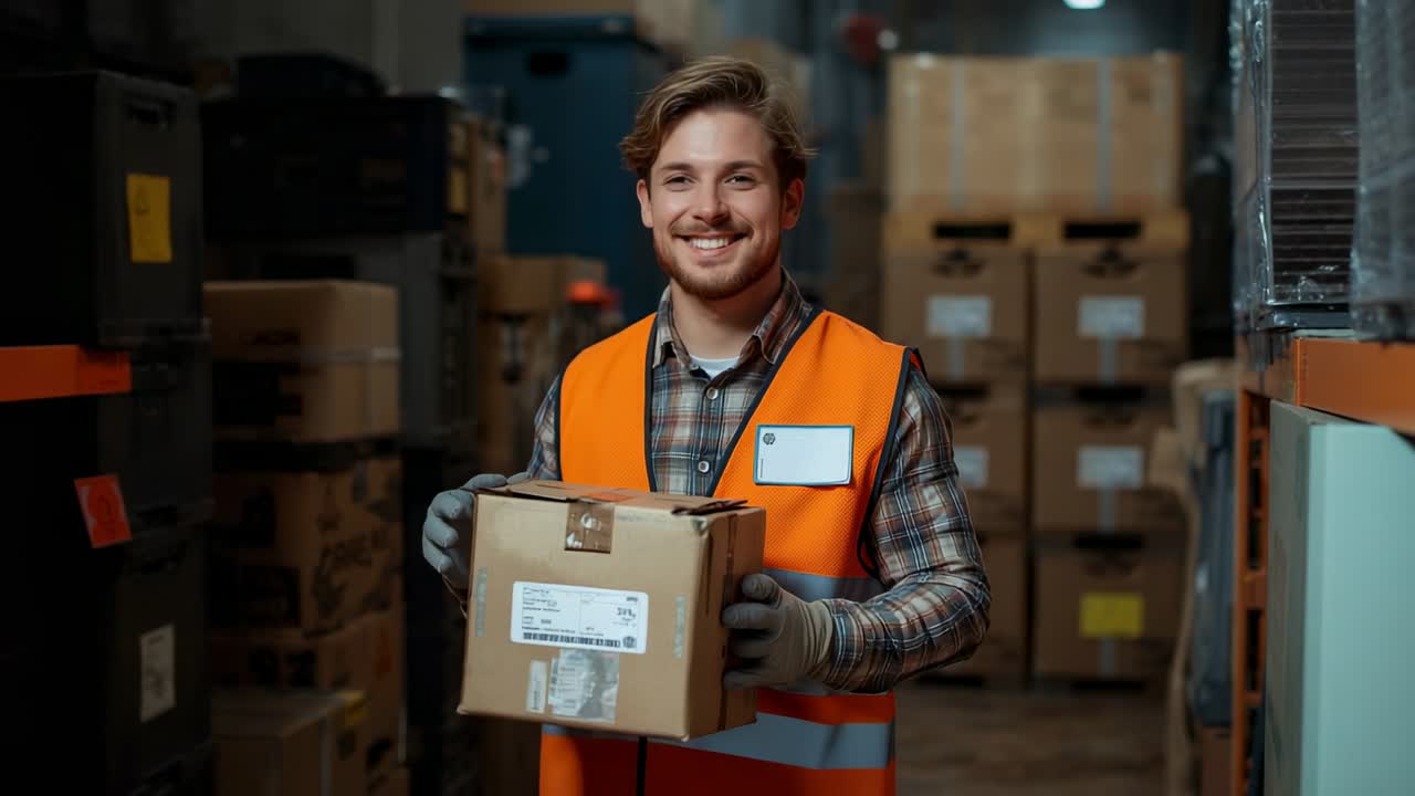 Warehouse worker reading shipping label, smiling and holding box in aisle, with vest and gloves