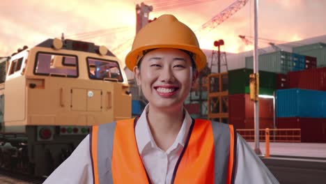 close up of asian female engineer wearing safety helmet looking at camera while standing with arms akimbo with freight cargo train at port
