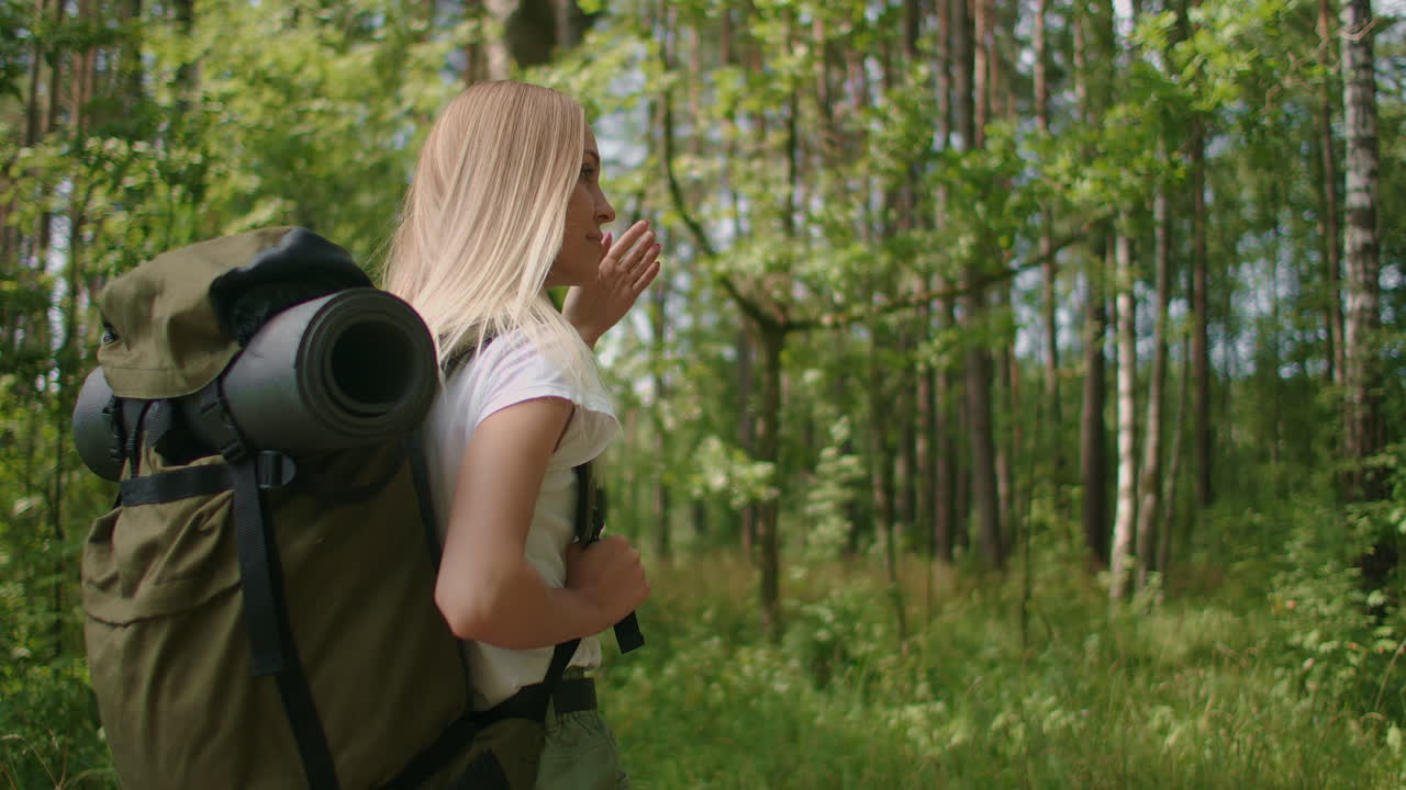 vista retrospectiva en cámara lenta: mujer adulta con pantalones cortos y camiseta caminando por el bosque. mujer joven caminando