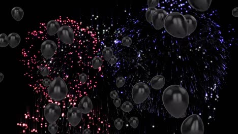 Animación-De-Globos-Negros-Con-Fuegos-Artificiales-Sobre-Fondo-Negro