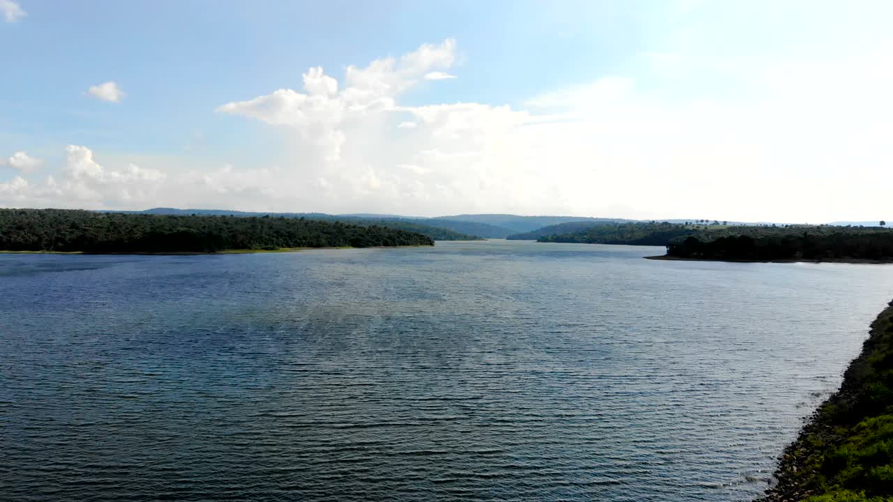Drone shot aerial view scenic landscape of reservoir dam at the countryside