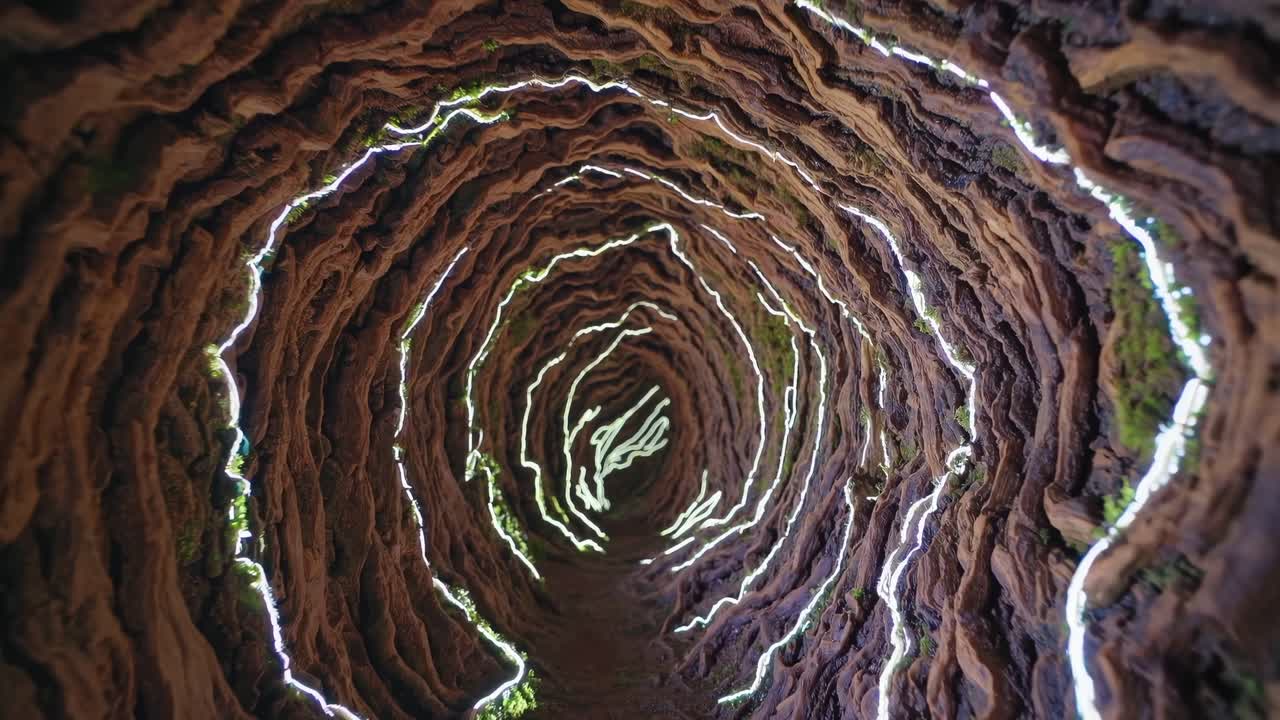 Spiral tunnel illuminated by glowing lines, showcasing the intricate textures and patterns of the natural formation, creating a mesmerizing visual journey