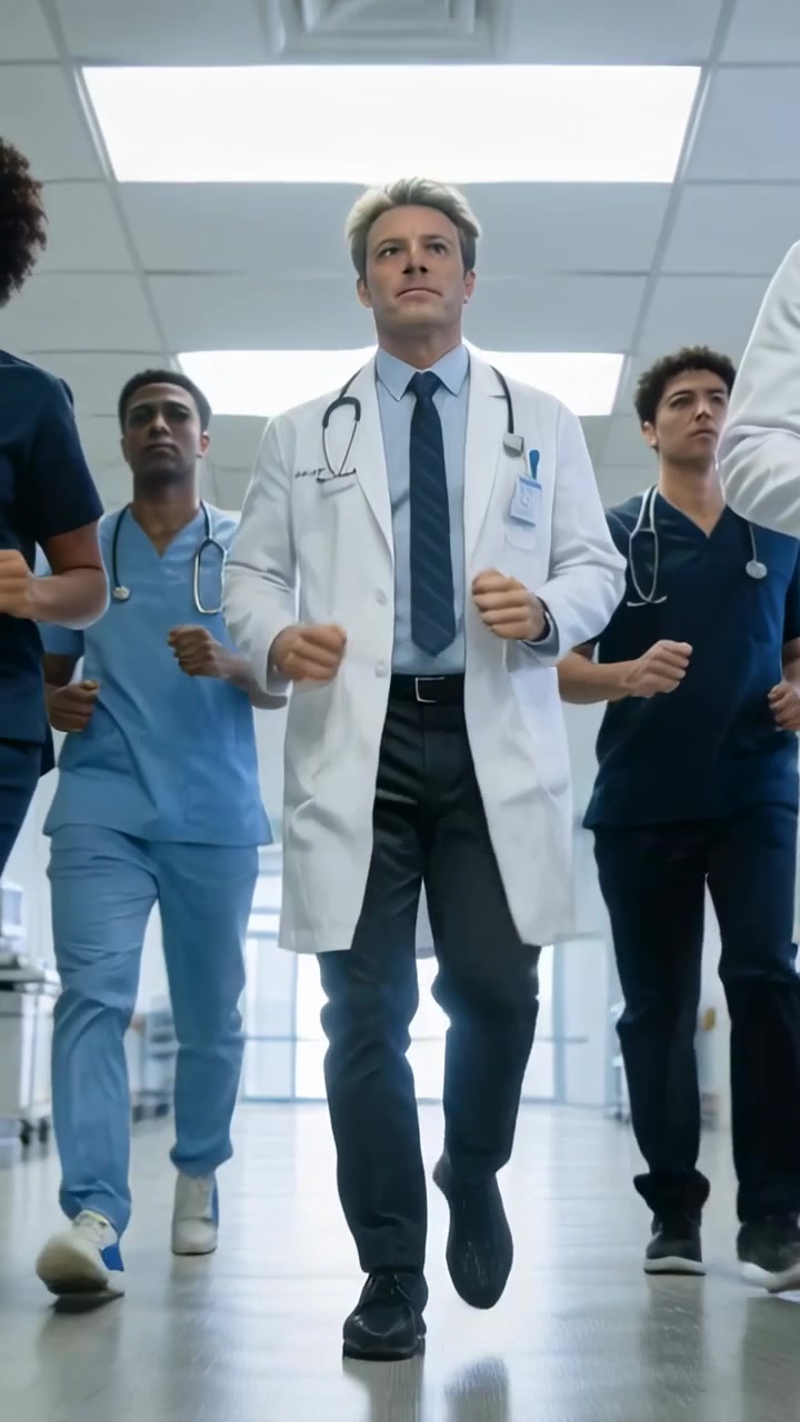 Vertical video: Rushing doctor running down hospital corridor after page, lab coat and stethoscope
