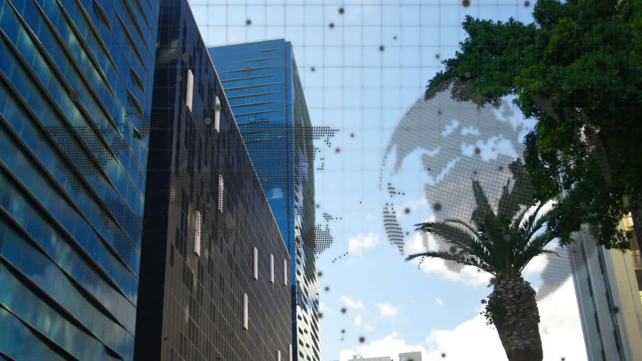 Palmeira em pé à direita enquanto pontos aparecem à esquerda, começando a formar um globo, sobreposição de grade mostrando dados
