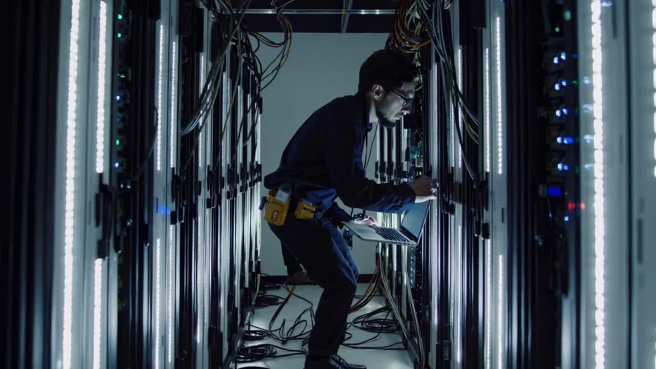 técnico informático trabajando en una sala de servidores