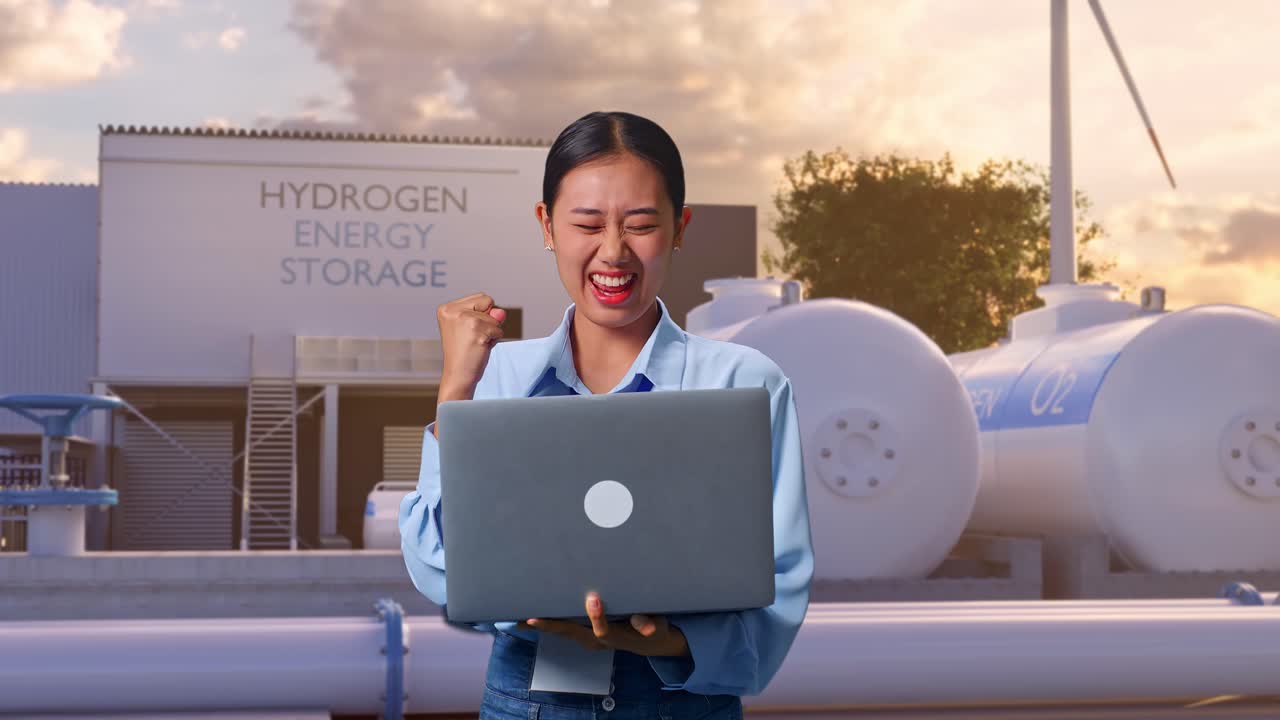 아시아 여성 전문 노동자가 초록색 수소 공장에서 노트북을 들고 서서 하이테크 산업 시설에서 소리치는 목표로 주먹을 들어 올립니다.