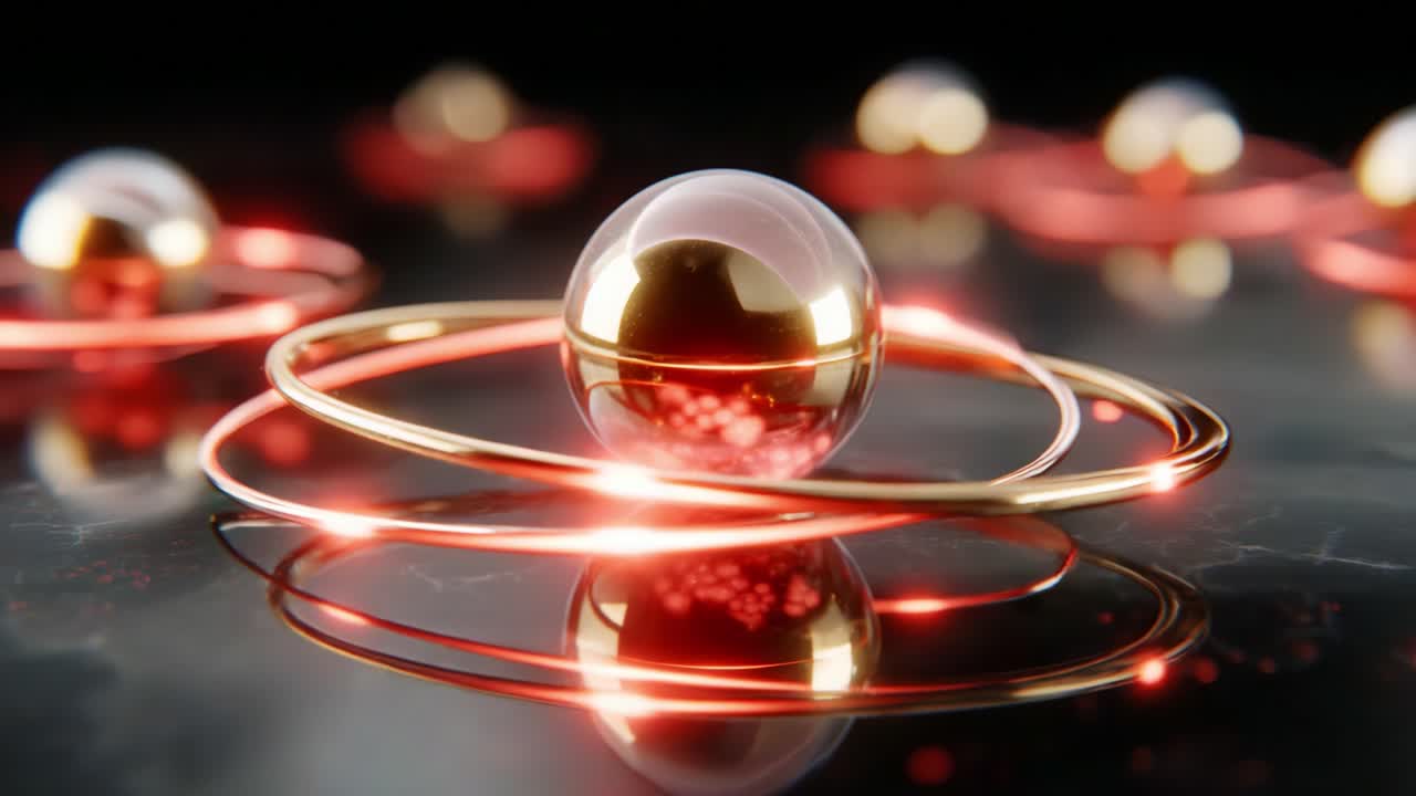 In a mesmerizing display of atomic formations, a golden sphere balances elegantly within a swirling orbital structure, illuminated by a vibrant red glow that accentuates its reflective surface and intricate design elements