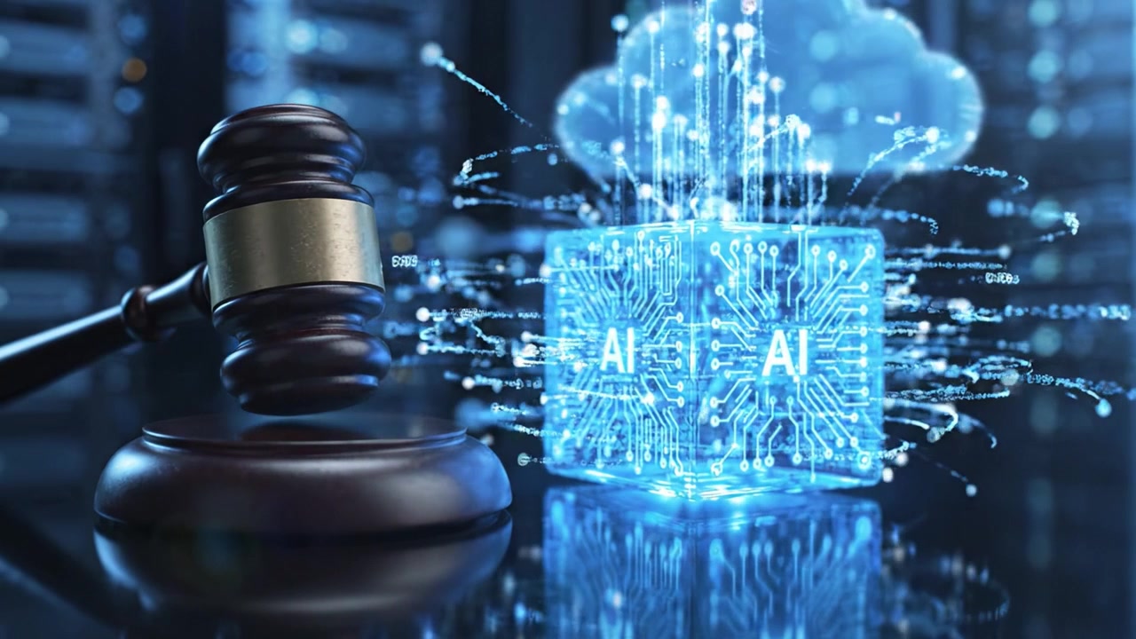 Exploring the Intersection of Law and Artificial Intelligence: A Visual Representation of Justice and Technology with a Gavel and Digital Elements