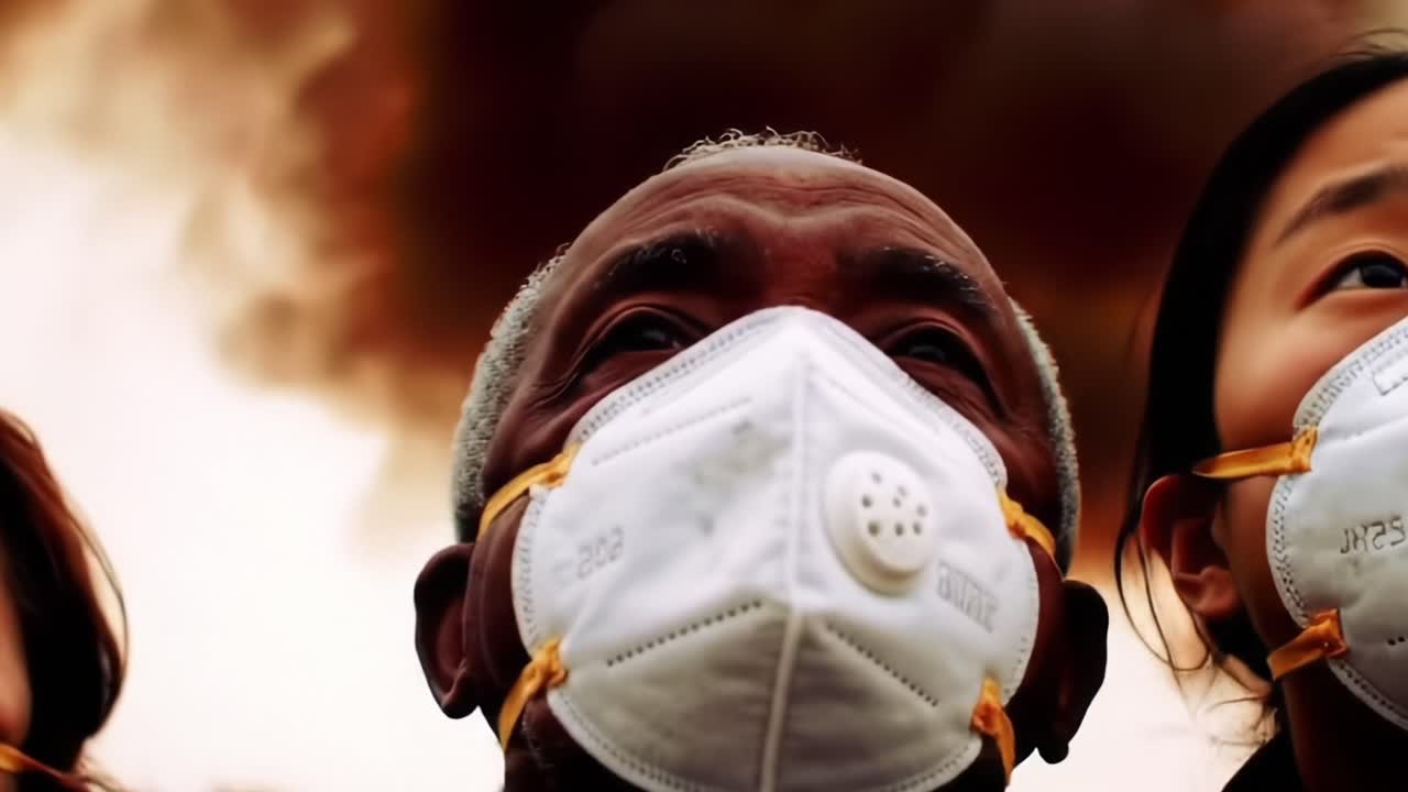 Um momento de resiliência: indivíduos usando máscaras de proteção encarando um futuro incerto em meio a céus escurecendo e desafios ambientais
