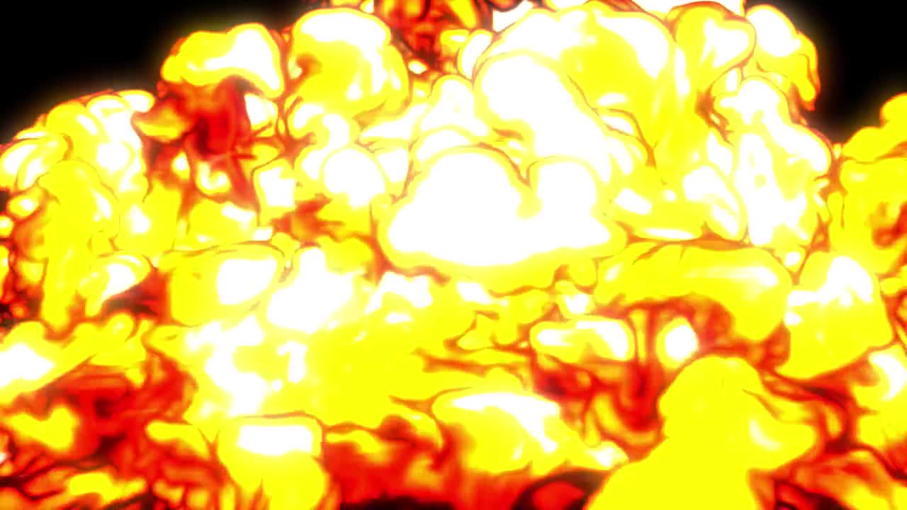 Realistic 3D animation of bomb explosion with fire, smoke and mushroom cloud. Close up