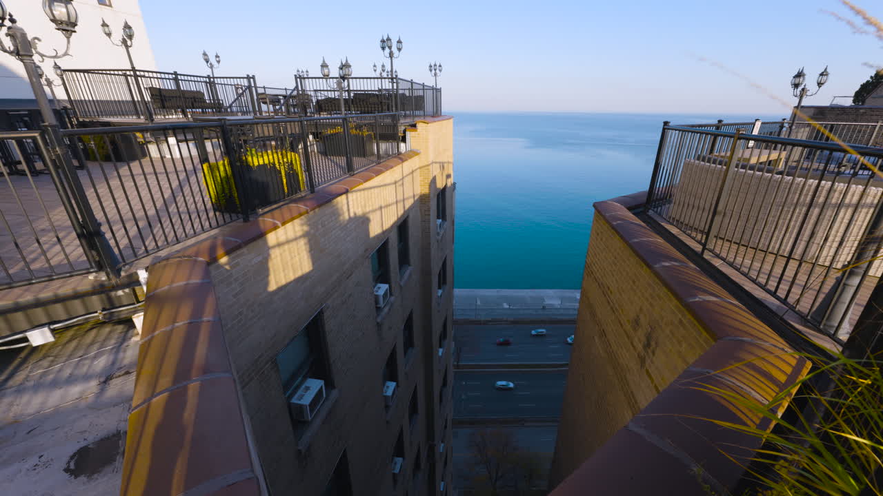 시카고 시내 근처의 바쁜 거리의 지붕 위쪽을 향한 식물의 뒤에서 드러나는