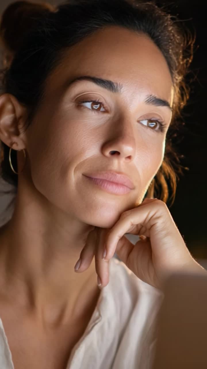 A contemplative moment featuring a woman lost in thought, showcasing serene expression and intimate close-up of her face, radiating calm and introspection