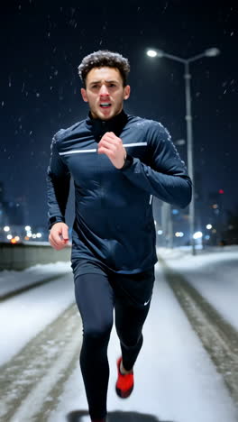 man running in snow at night
