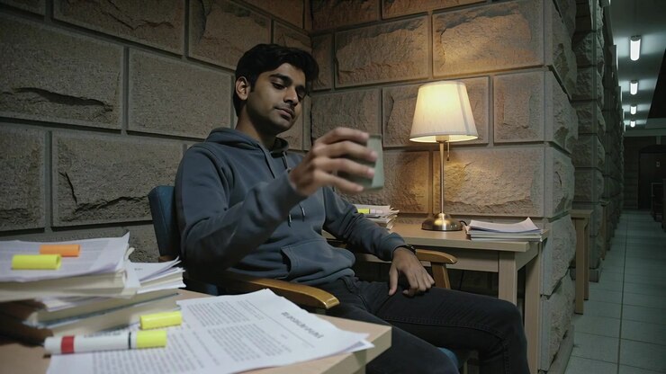 Yawning man in blue hoodie reaching for ceramic mug on table in study nook, sipping coffee