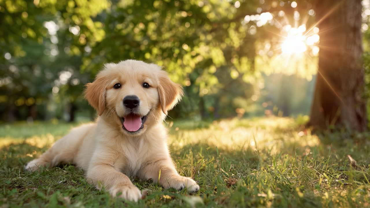 Un alegre cachorro de Golden Retriever relajándose en un prado soleado, disfrutando la belleza de la naturaleza con una sonrisa brillante y espíritu juguetón, rodeado de exuberante vegetación.