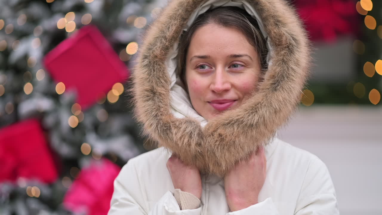 A young woman showcases winter fashion in a bustling market filled with holiday decorations. She wears a stylish fur-trimmed coat and smiles warmly while enjoying the festive atmosphere