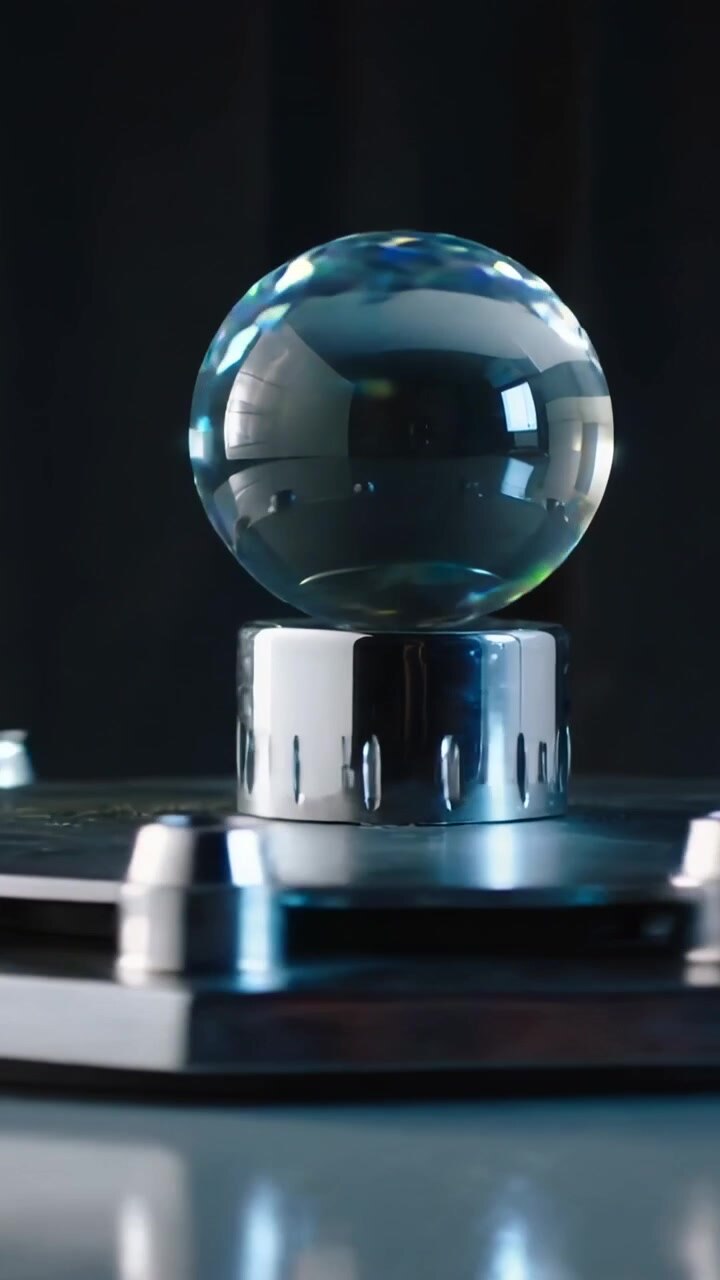 Vertical video: Floating glass orb rotating above chrome base on platform, reflecting soft lights