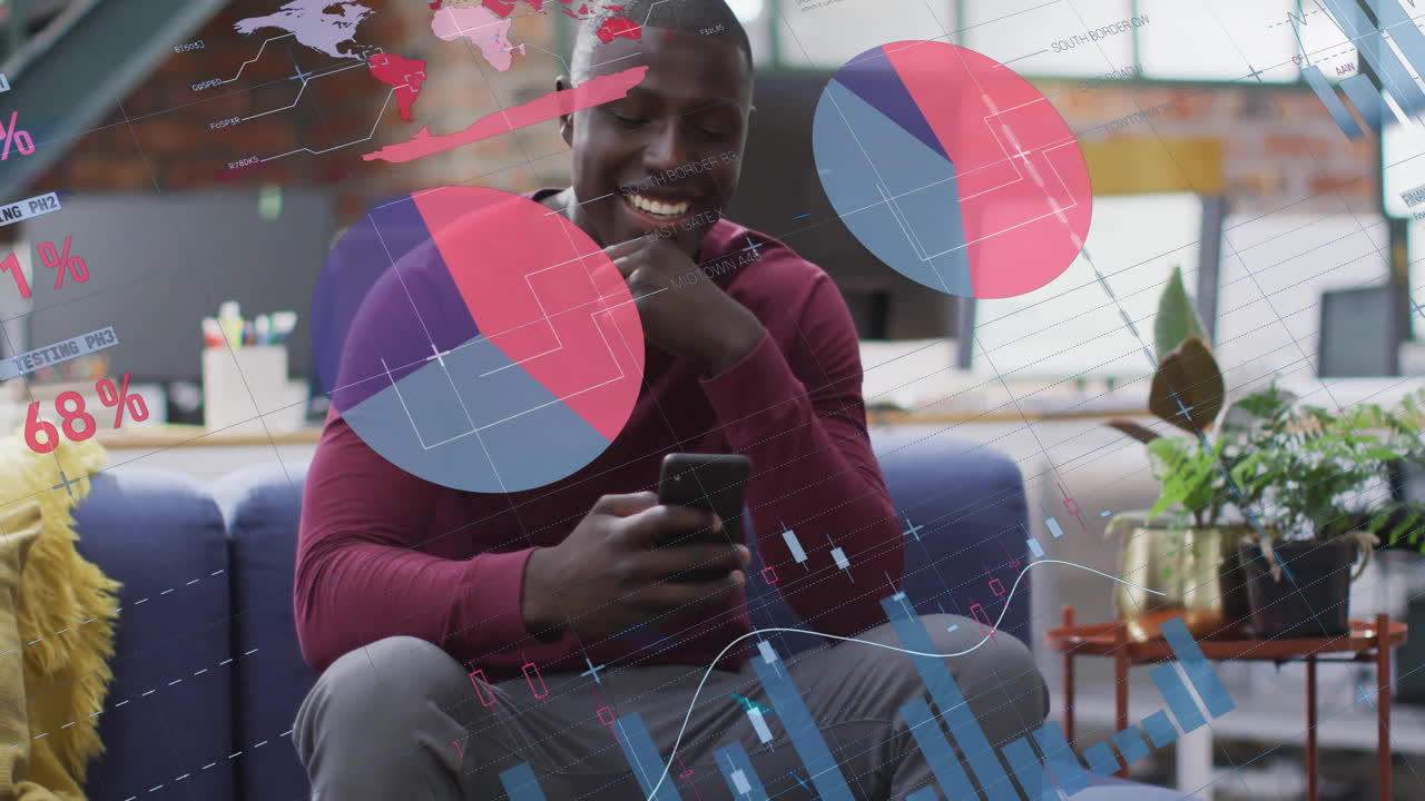 Office man using smartphone in lounge, showing finance animated pie chart with world map overlay