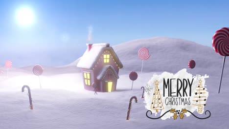 Animation-of-christmas-greetings-text-over-candy-canes,-snow-and-house-in-winter-scenery