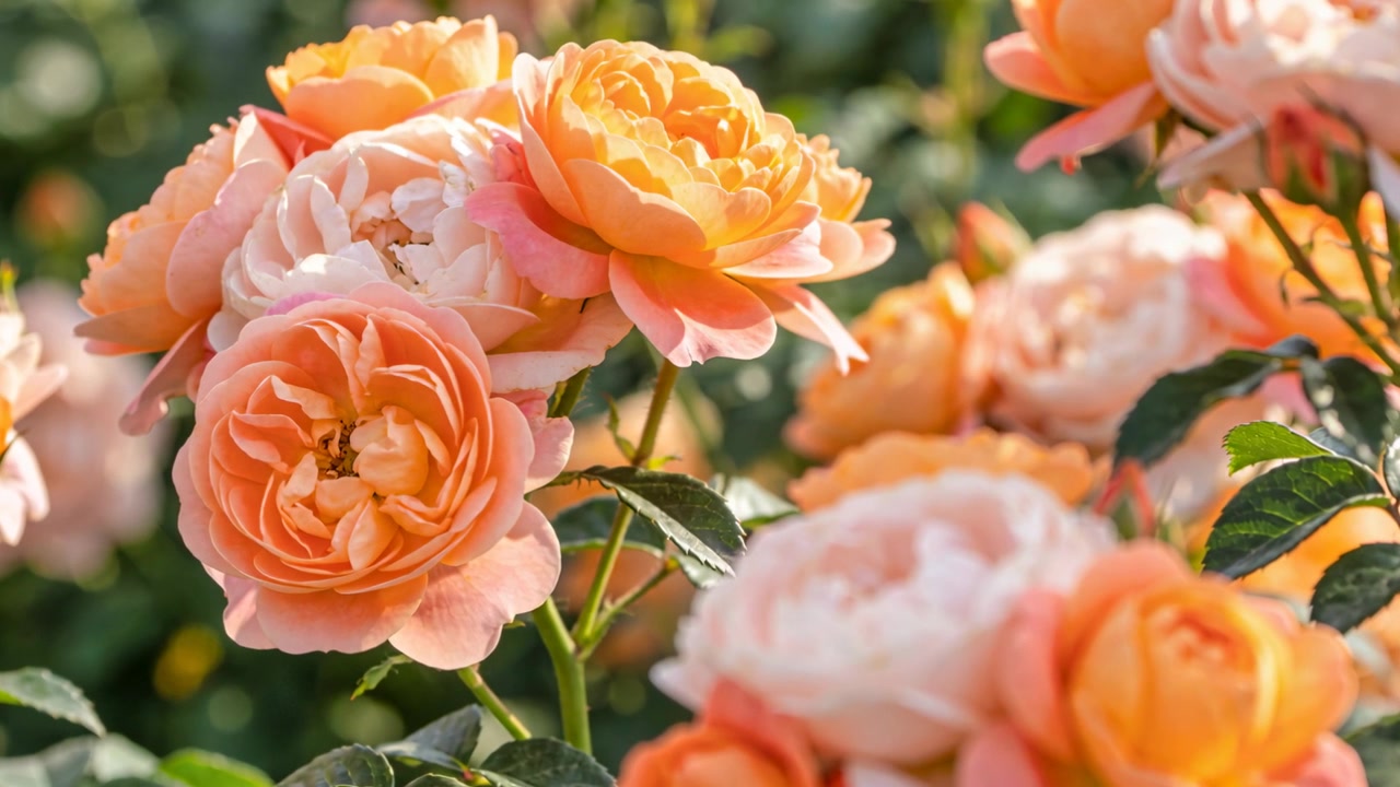 Mostrando un gruppo di rose color pesca-arancio in giardino, la fotocamera che regola la messa a fuoco mentre gli steli ondeggiano per la brezza.
