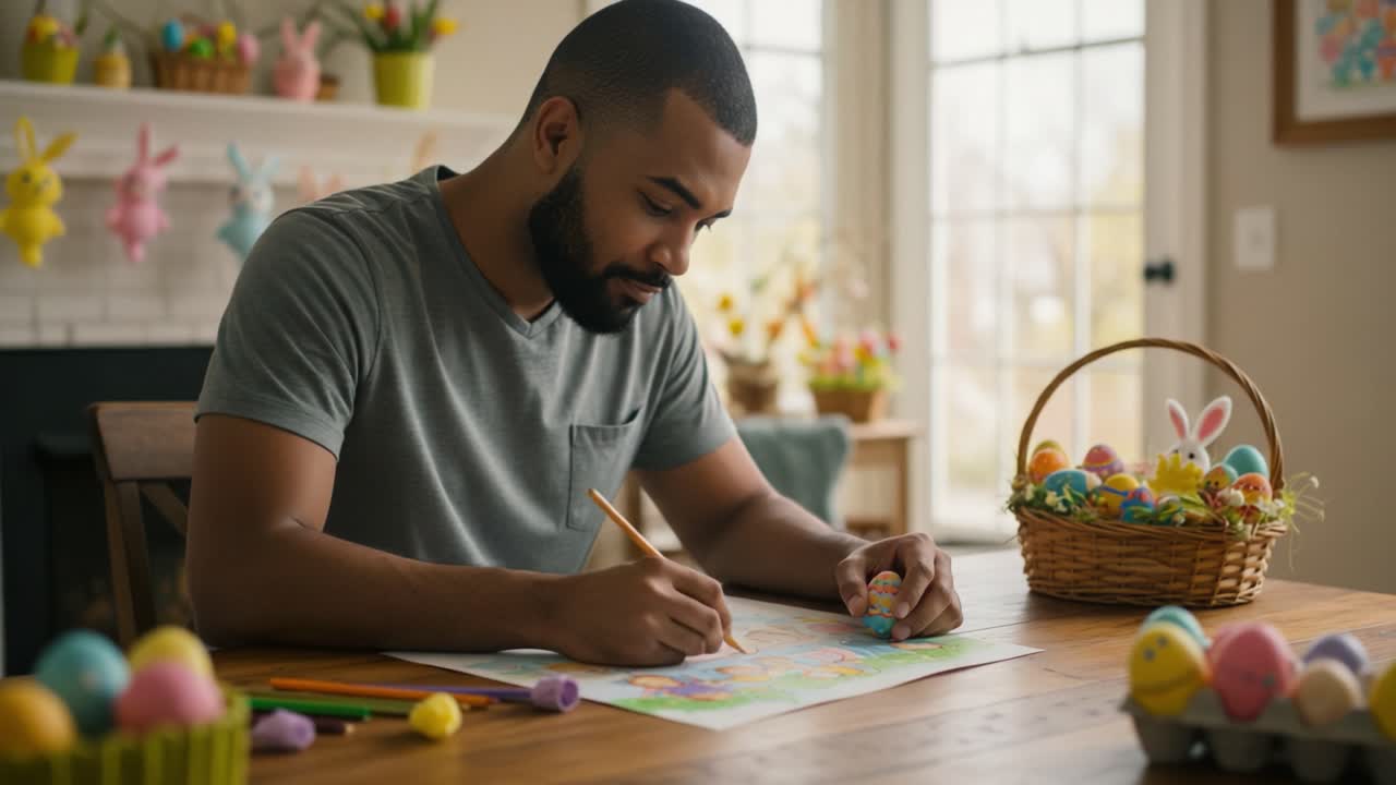 A joyful moment of creativity as a man colors Easter-themed drawings, surrounded by colorful eggs and festive decorations in a sunlit room, celebrating seasonal joy