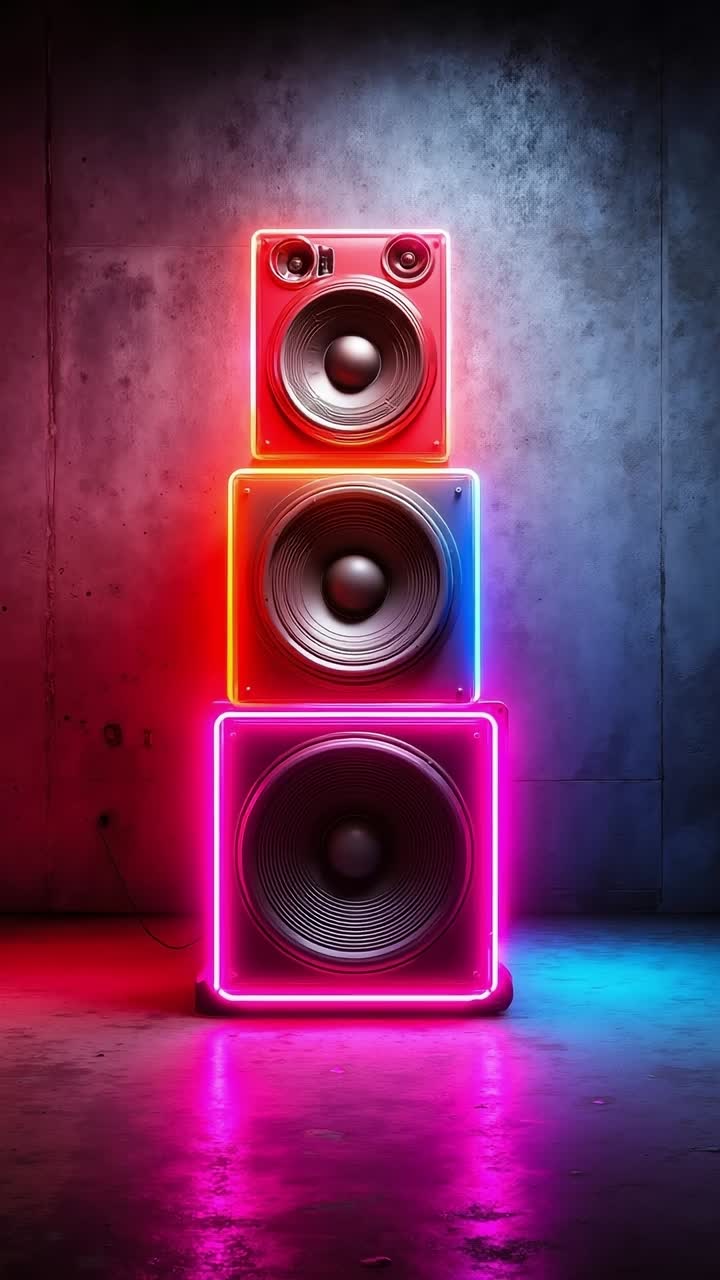 Three neon-lit speaker boxes stacked on top of each other
