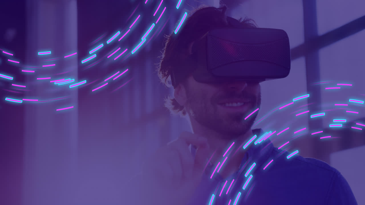 Animation of glowing light trails of data transfer and caucasian man in vr headset
