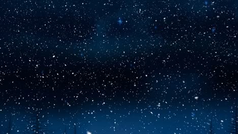 Snow-falling-against-shining-blue-stars-in-the-night-sky