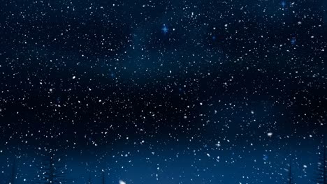 snow falling against shining blue stars in the night sky