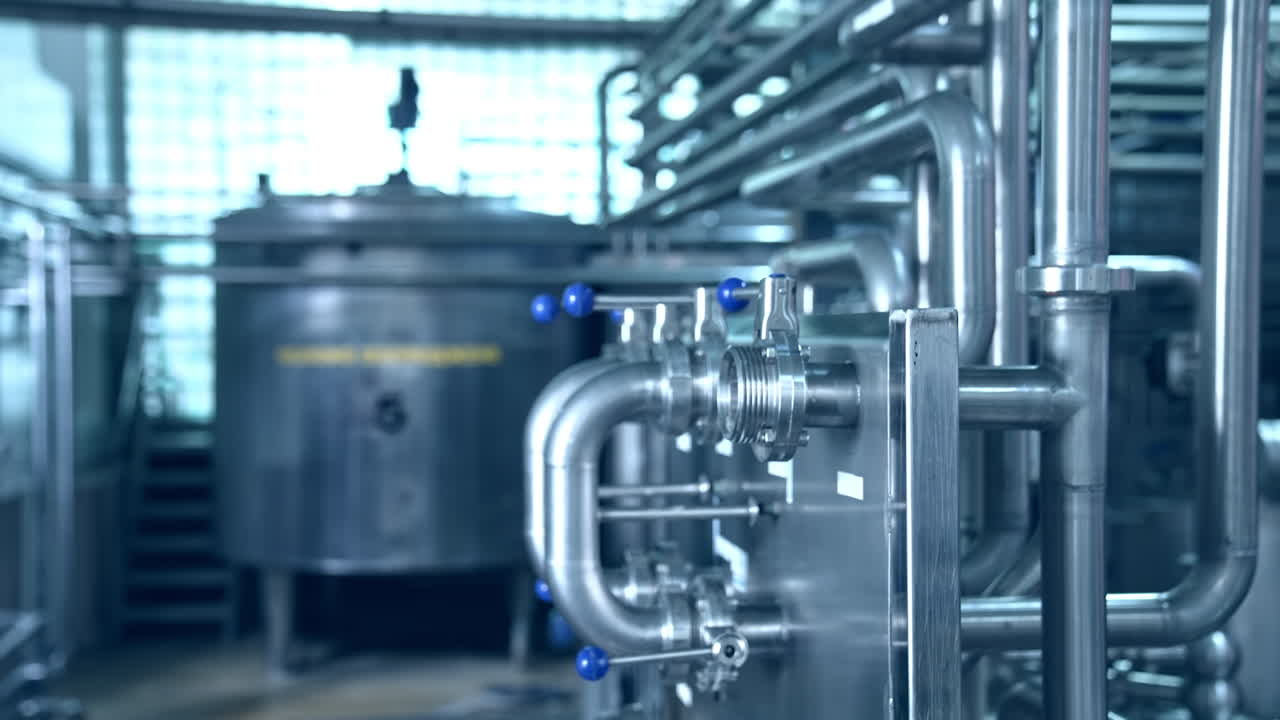 Pipes and levers at the diary plant. Complicated pipeline system in the factory. Huge steel tank in blur at the background.