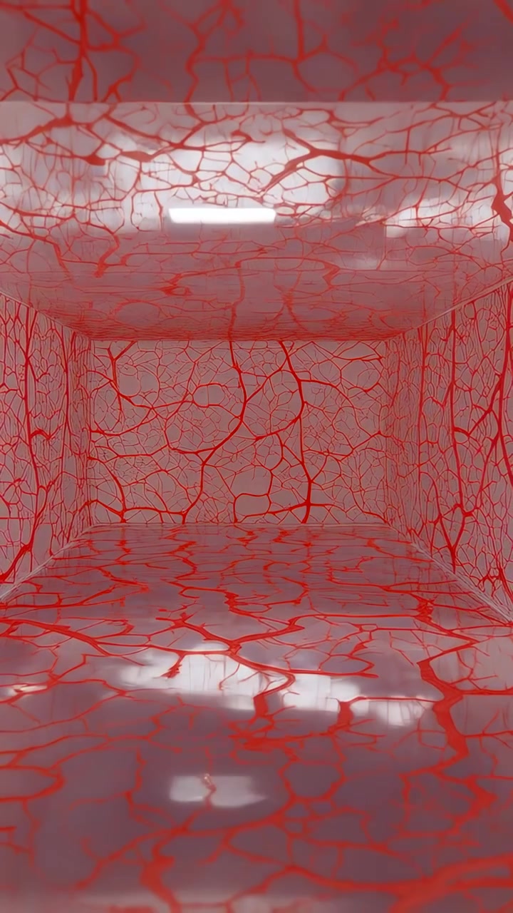 Video vertical: Cámara inclinándose, mostrando una cámara de venas rojas con lámpara de techo, revelando reflejos