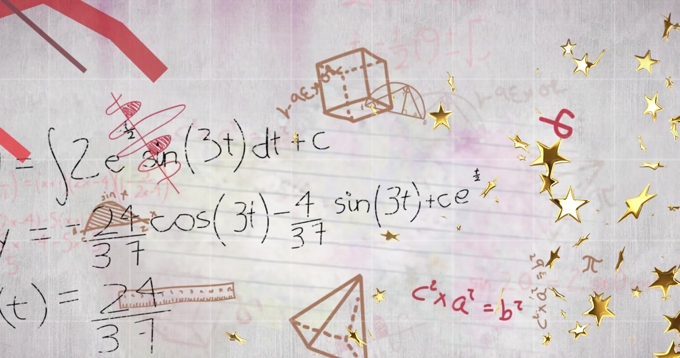 Animation of graphs, mathematical equation and diagrams with stars over white page