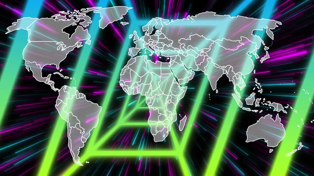 Neon frame appearing, tunnels forming, streaks shooting, world map expanding showing global network