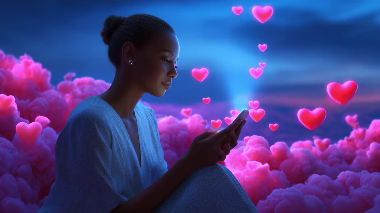A Serene Encounter with Love: The Soft Glow of Hearts Floating in the Air Captures a Moment of Emotional Connection as She Engages with Her Phone Amidst a Dreamy Cloudscape