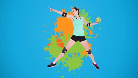animación de una jugadora de balonmano caucásica lanzando la pelota sobre manchas coloridas