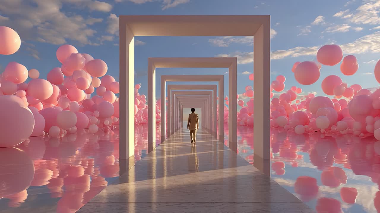 A Serene Journey Through Ethereal Archways: A Figure Navigates a Dreamlike Landscape Filled with Pink Bubbles and Reflective Surfaces Under a Vast Blue Sky