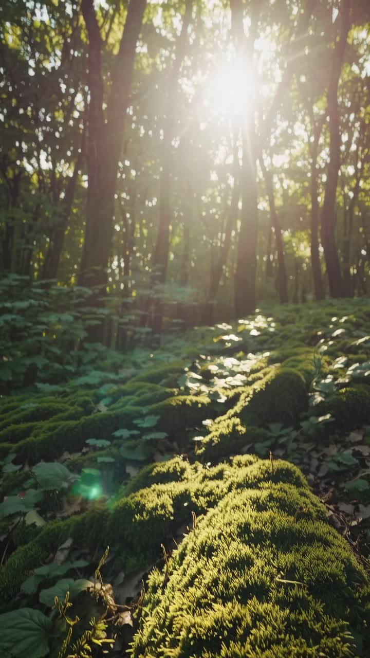 Una serena scena di foresta con la luce del sole che filtra tra le foglie, catturata da una angolazione bassa.