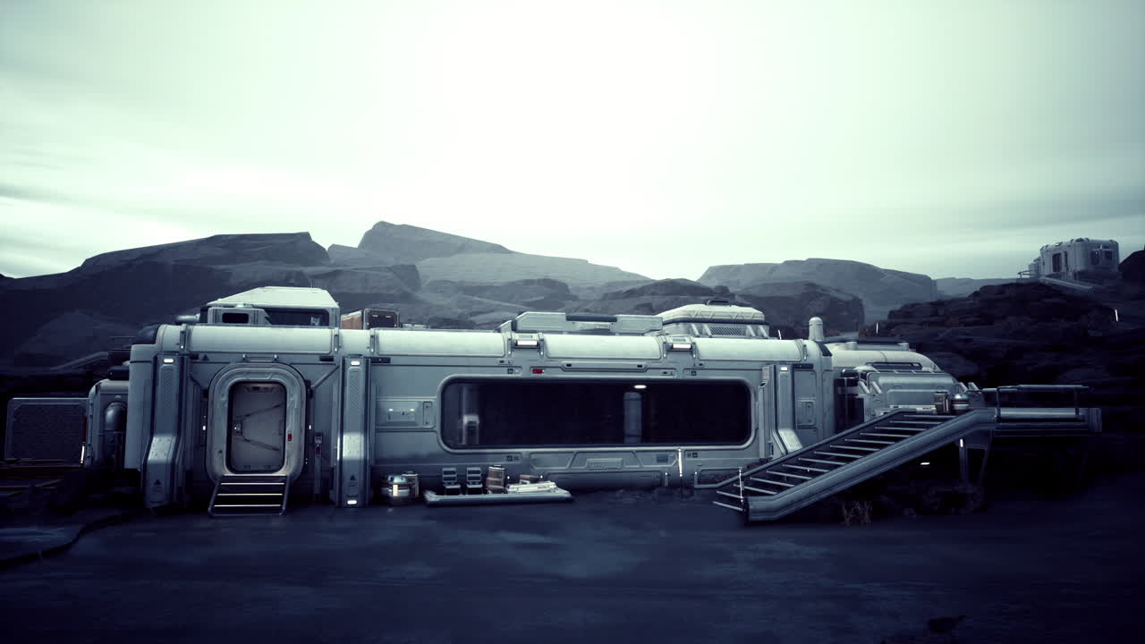 Futuristic spaceship parked by mountain