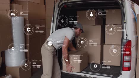 Animation-of-icons-with-data-processing-over-caucasian-delivery-man-packing-boxes-in-car
