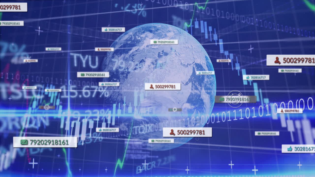 Earth surrounded by financial data and binary code in digital animation