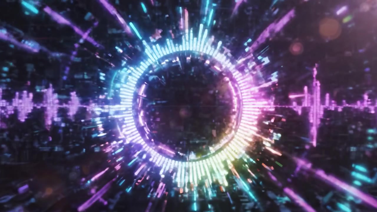 Visualizzazione audio dinamica a colori neon: una rappresentazione coinvolgente di onde sonore catturate in due fotogrammi che mostrano il ritmo e l'intensità della musica