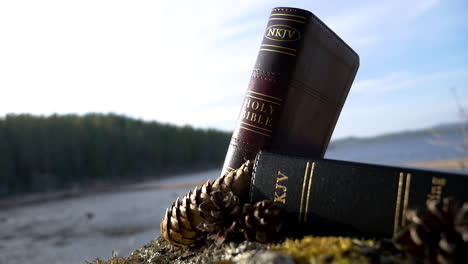 two bibles laying on a rock with lake behind