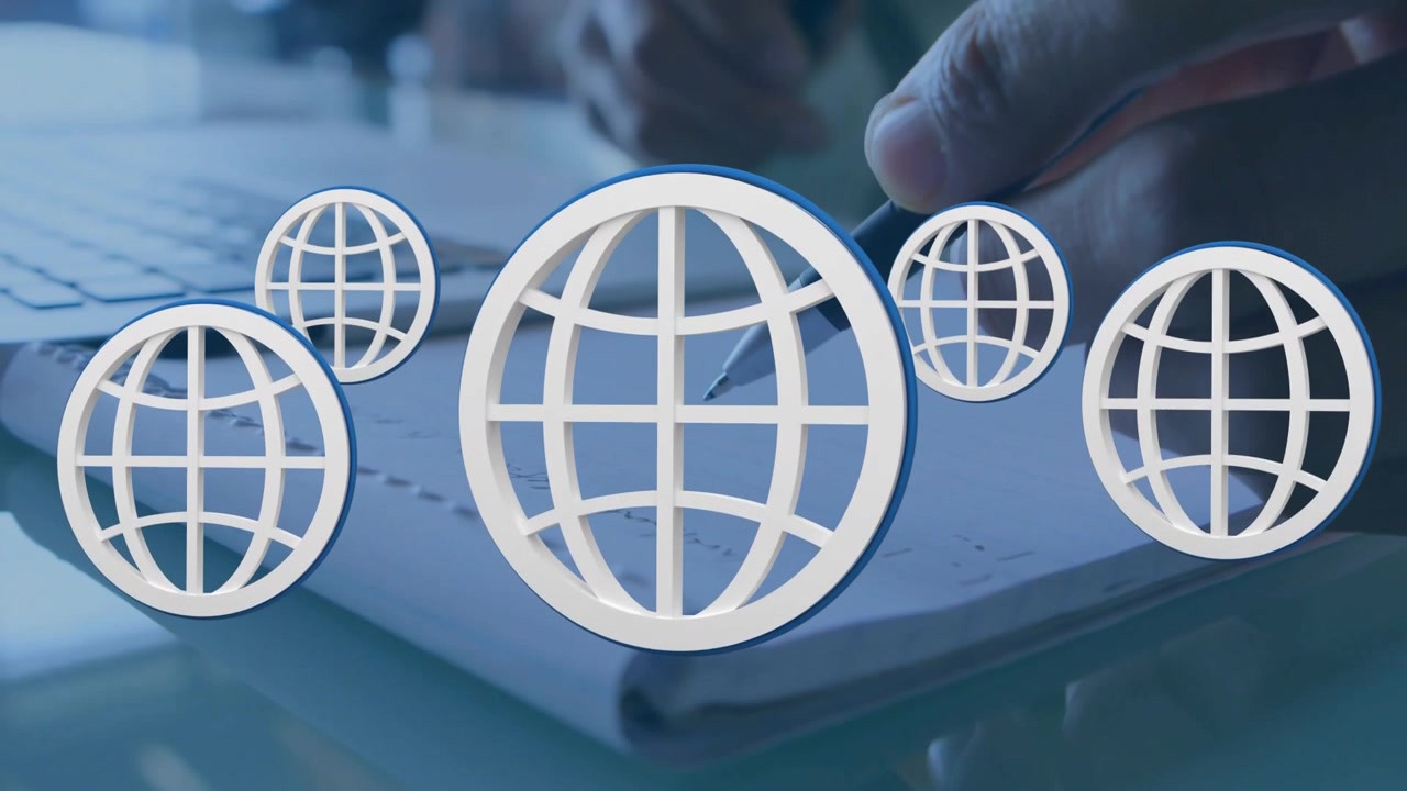 Man writing notebook causing globes floating pen shifting typing on laptop showing business network