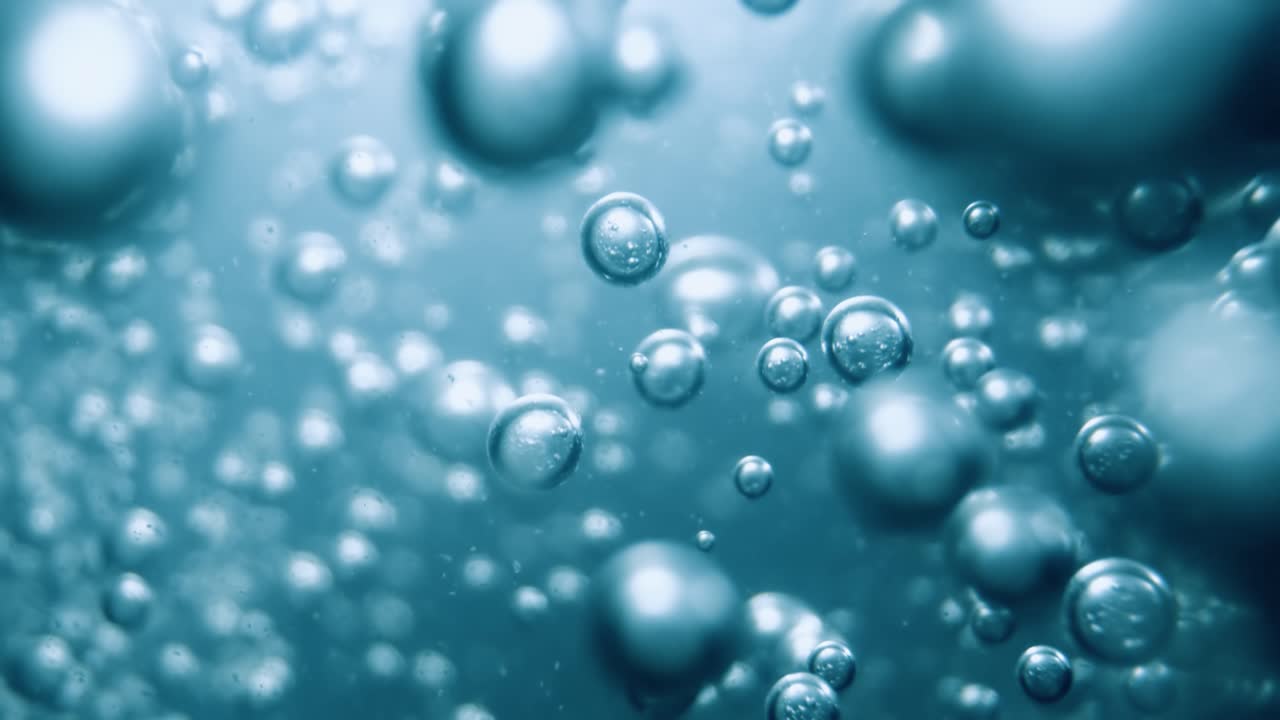 파란 물에 많은 물 거품이 가 ⁇ 게, 느린 움직임의 거품과 함께 추상적인 물 파동.