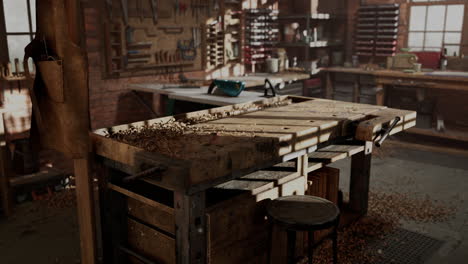 retro stylized old tools on wooden table in a joinery