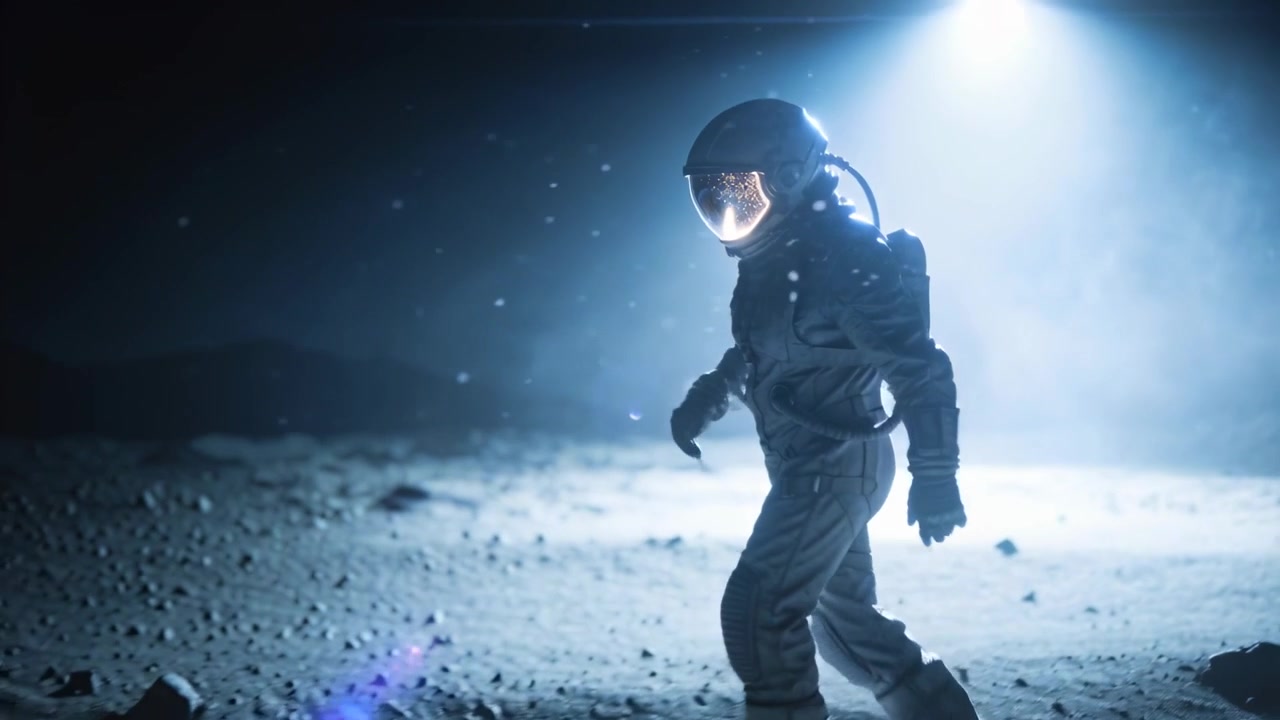 Light powering astronaut in suit with pack checking visor, walking on rocky plain dust drifting