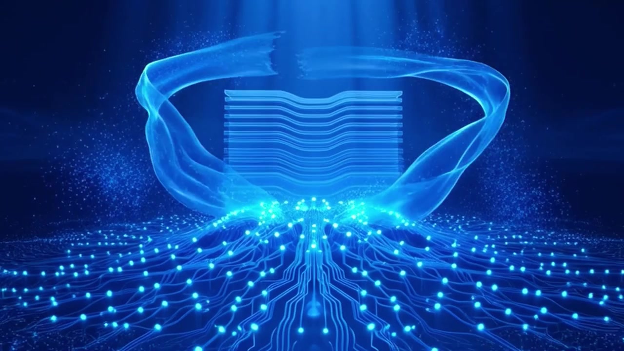 Abstract Digital Circuit Board with Glowing Data Flow and Energy Particles