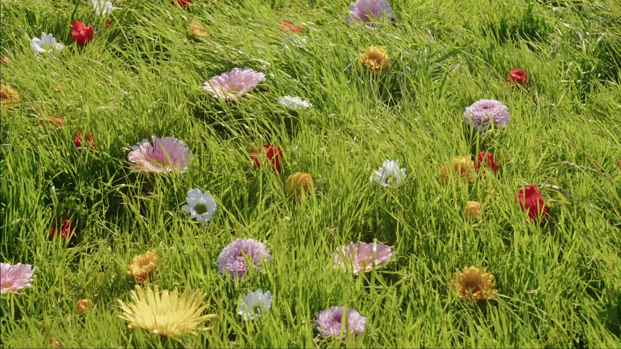 Eine weite Ansicht bunter Wildblumen, die sich sanft in einer leichten Wiesenbrise wiegen