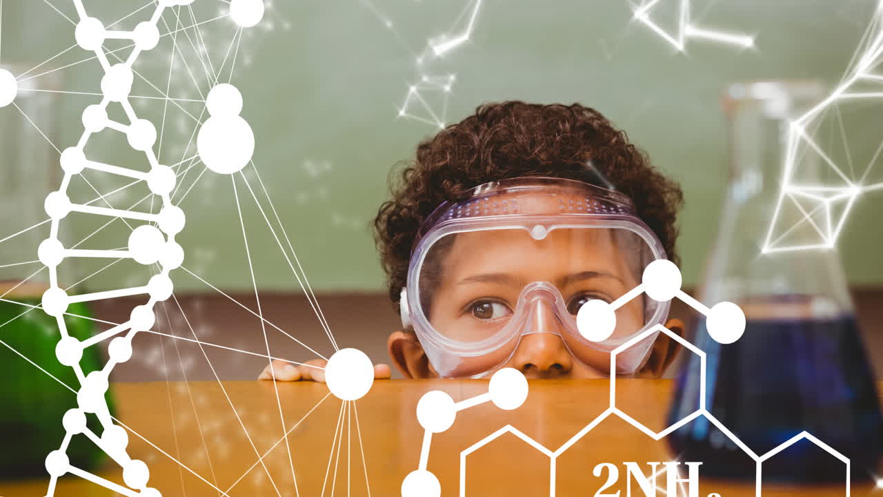 adn y estructuras químicas flotando contra un niño que lleva gafas de protección en el laboratorio